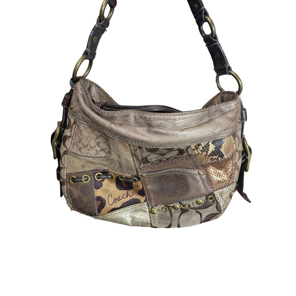 Coach Zoe 12901 Y2K Brown Patchwork Canvas Leather Hobo Shoulder Bag